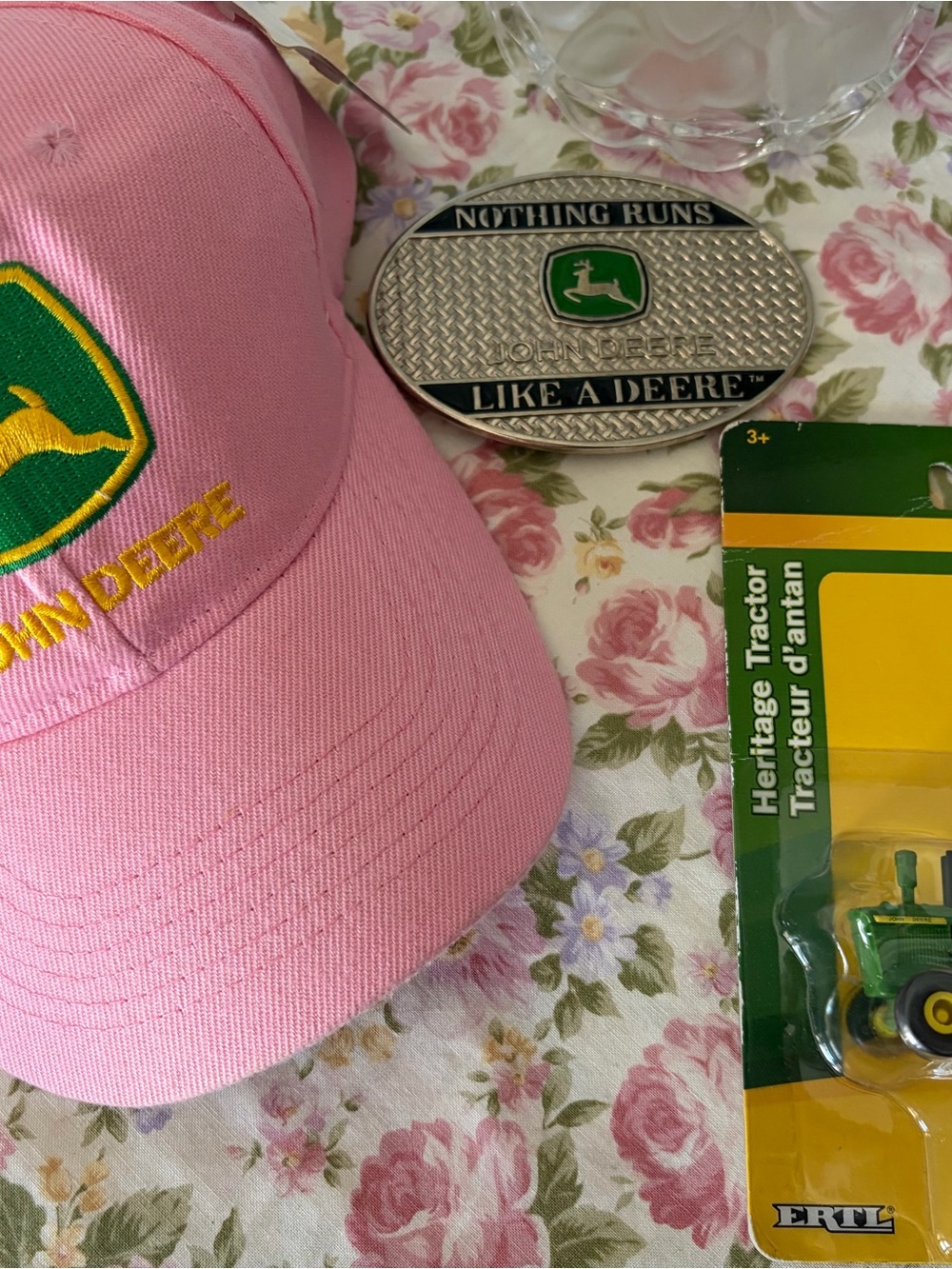 John Deere Lot - Pink Baseball Cap, belt buckle and tractor